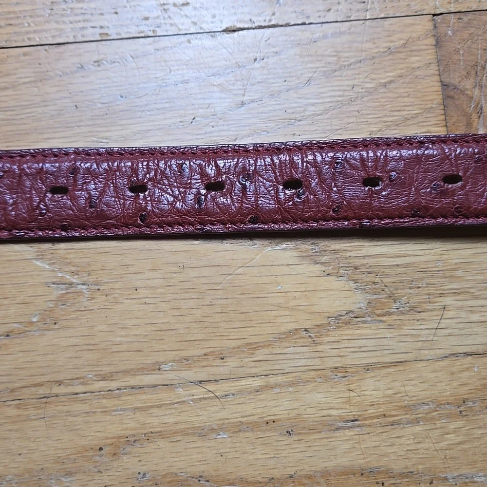 Lorenzi deep red genuine ostrich silver buckle belt, sz 36